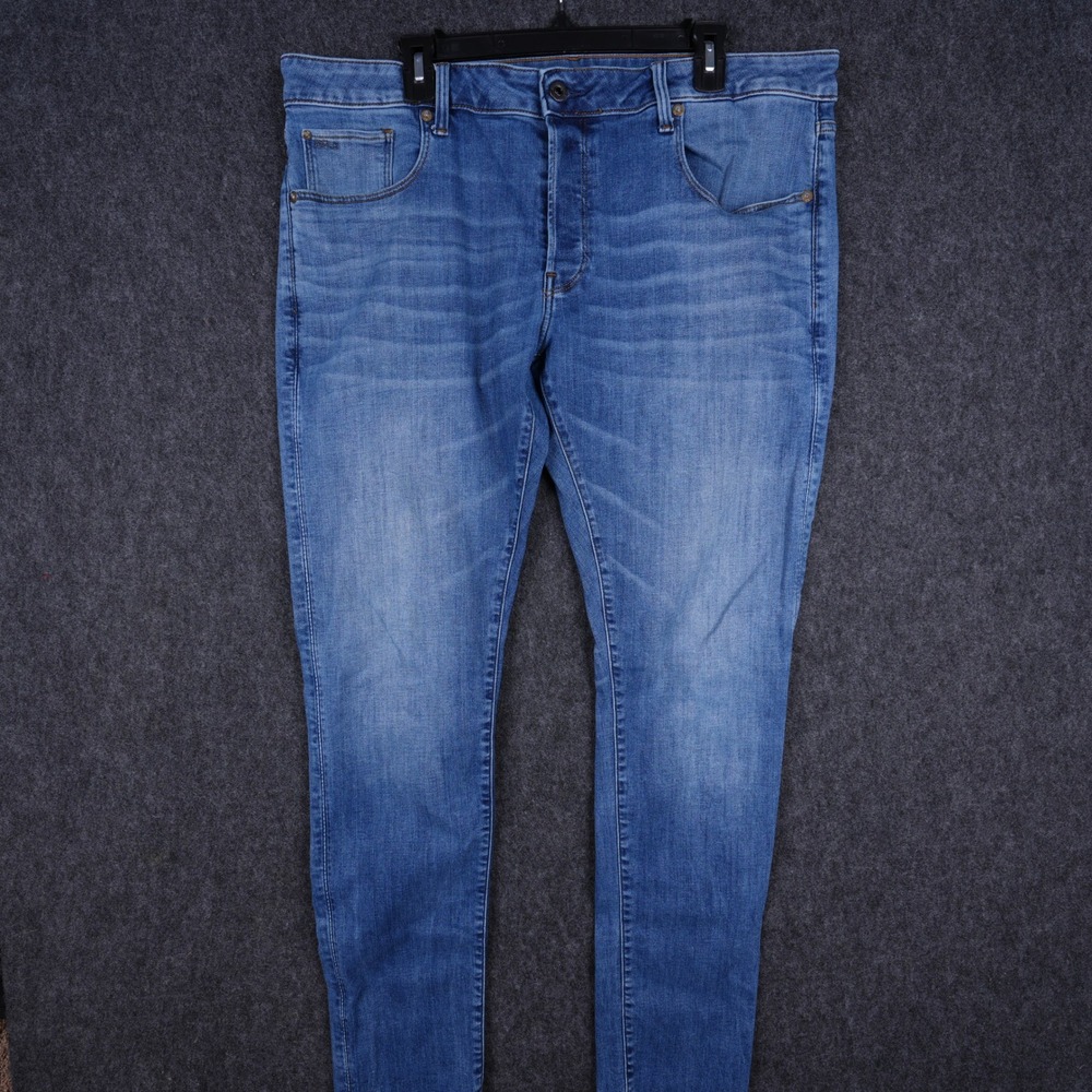 G-Star RAW 3301 Slim Jeans Mens 38x36 Blue Excellent Whiskered Denim